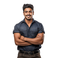 Wall Mural - Front view of an extremely handsome Indian male model dressed as a Mechanic  smiling with arms folded, isolated on a white transparent  background