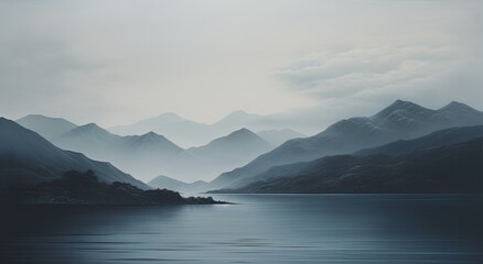 Poster - The image of a calm and serene lake reflects the surrounding mountains and sky, offering a serene, textural backdrop