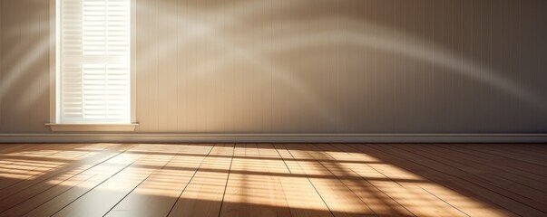 Wall Mural - Light ebony wall and wooden parquet floor, sunrays and shadows from window