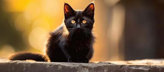 Wall Mural - Sunlit image of an adorable stray black feline.