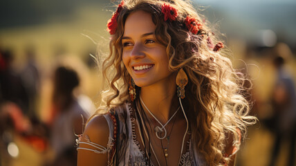 Sunlit Bohemian Elegance: Young Woman Embracing Festival Vibes in Golden Hour - Serene, Natural Beauty with Floral Adornments, AI-Generated