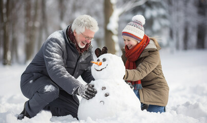 Wall Mural - Granddad and child building a snowman outside. Winter holiday family activity 