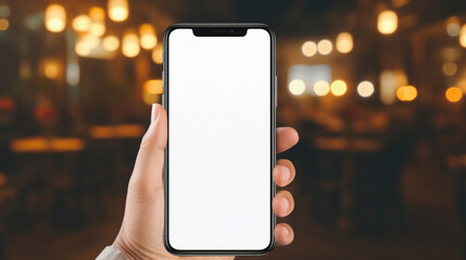 mockup of a hand holding modern smartphone with blank white screen in cafe