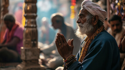 Wall Mural - A group of men in Hinduism get up and pray at the temple. The sincerity and devotion during prayer rituals, portray the essence of spiritual connection