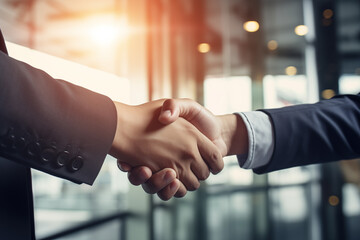 business people shaking hands in front of building