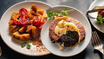 Wall Mural - Delicious healthy dishes beautifully presented seen from above.