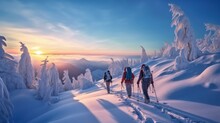Skiers Touring In Winter, Full Of Snow, At Sunrise Under A Beautfiul Clear Sky Full Of Colors. Living The Dream.