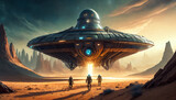Statek kosmiczny lądujący na pustyni. W pobliżu statku widać obce istoty
