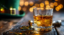 A Close-up Of A Whiskey-filled Crystal Glass Set Against A Dark Surface, Complemented By A Soft-focus Festive Green Hat In The Background, On Saint Patrick's Day Celebration