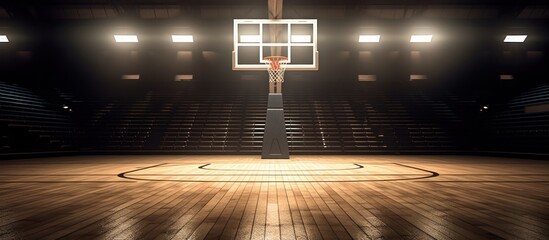 A basketball court with a ball in motion and stadium lights.