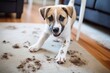 Muddy paw prints on carpet caused by adorable dog.