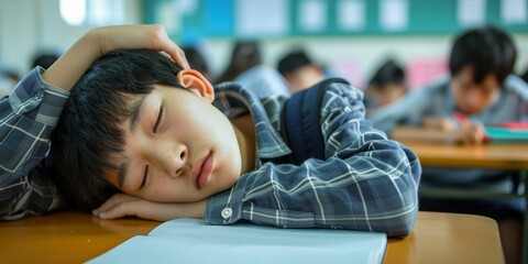 Wall Mural - GeneratiAsian schoolboy is tired and sleeping at his desk in the classroom ve AI