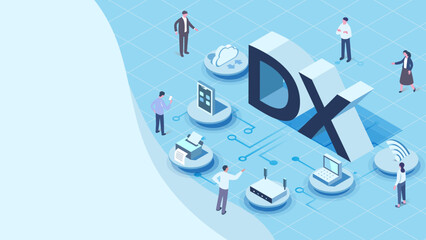 isometric design illustration ,DX ,Digital Transformation concept with business people