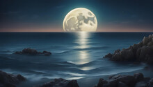 Moon Over Sea In The Dark Night Seen