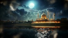 Beautiful Mosque Landscape With Milkway Sky And Big Moon Panorama Landscape. Ramadan Kareem. To Celebrate Islamic Day. Adha, Fitr, Ramadan, Isra Mi'raj, Islamic New Year Day, Etc