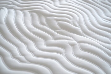 Wall Mural - White orthopedic mattress with pattern on unmade bed in bedroom. Hypoallergenic foam mattress for spine alignment and pressure relief. Background, copy space, close up.