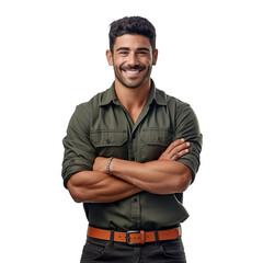 Wall Mural - Front view of an extremely handsome Latin male model dressed as a Mechanic smiling with arms folded, isolated on a white transparent background