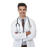 Fototapeta Na drzwi - Front view of an extremely handsome Latin male model dressed as a Veterinarian smiling with arms folded, isolated on a white transparent background