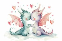  Two Little Dragons, St Valentine Day, Watercolor, White Background