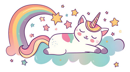 Wall Mural - Whimsical Unicorn Cat and Rainbow Illustration