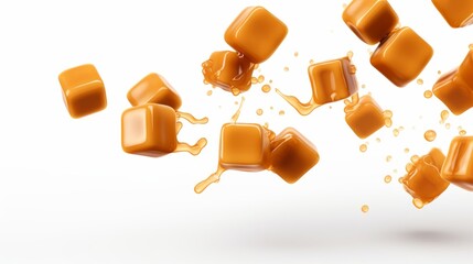 Wall Mural - Flying caramel cubes isolated on white background. isolated on white background,