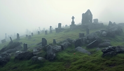 Wall Mural - Spooky ancient ruin, a dark tombstone in the misty landscape generated by AI