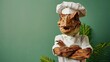 Dinosaur dressed like a chef isolated on green plain background