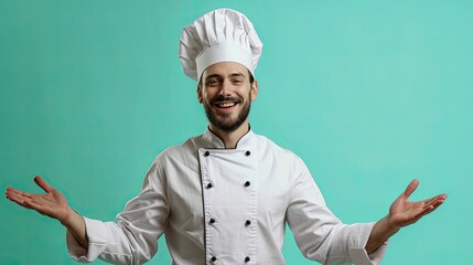 Wall Mural - Friendly chef posing smiling on a plain green background.