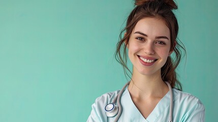 Canvas Print - Young woman as a doctor, posing isolated on green background.