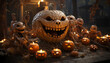 Spooky pumpkin lantern glows, igniting Halloween celebration with horror generated by AI