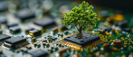 Wall Mural - small, intricate tree with a dense canopy of leaves perched on top of a microchip situated on a circuit board surrounded by other electronic components