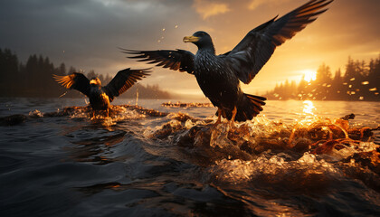 Canvas Print - Sunset over water, seagull flying, nature beauty in tranquil scene generated by AI