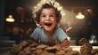 A joyful, humorous child makes cookies in the kitchen, Generative AI.