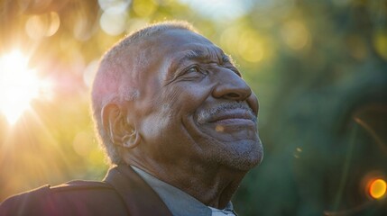 Wall Mural - Smiling Under the Light of Divine Love. Portrait of a senior African preacher with beard and mustache smiling outdoors.