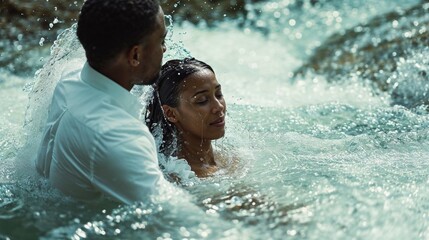 Baptism. Man helping a woman to dip in the river.