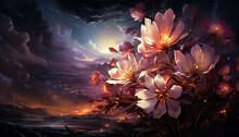Nature Beauty In Sunset, A Vibrant Bouquet Of Painted Flowers Generated By AI
