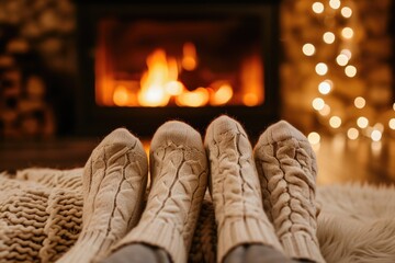 Poster - Two pairs of feet in front of a cozy fireplace. Perfect for creating a warm and inviting atmosphere.