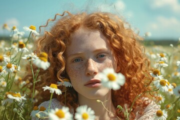 Poster - A girl with freckles standing in a field of daisies. Ideal for nature, summer, or beauty-themed projects