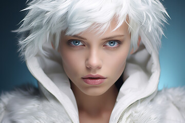 Poster - Close-up portrait of a very beautiful young woman with light blue eyes and short white blonde hair, wearing a white fur coat with hood - isolated, blue background
