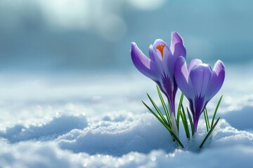 Poster - A beautiful couple of purple flowers sitting in the snow. Perfect for winter-themed designs