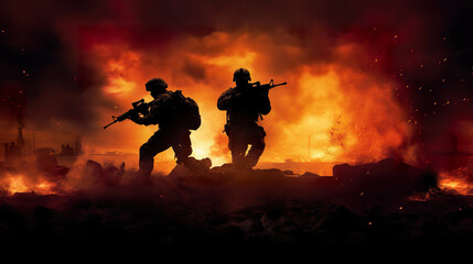 Wall Mural - modern soldier with rifle taking combat on fire background, military special forces at war during battle, army infantry commando in silhouette