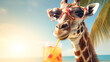 Giraffes are having fun on on the Caribbean Sea with tropical cocktails. Concept of vacation and fun at sea