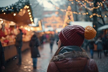 Poster - A woman in a red hat is observing a lively Christmas market. Perfect for capturing the holiday spirit and festive atmosphere.