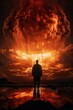 people looking at mushroom of nuclear explosion, atomic war and apocalypse concept, world in flame