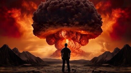people looking at mushroom of nuclear explosion, atomic war and apocalypse concept, world in flame