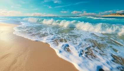  Nature beauty wave splashing on sandy coastline, blue waters, tranquil sunset generated by AI