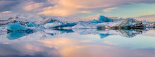 Panorama Of Iceberg Reflections In Jokulsarlon Glacier Lagoon In Iceland
