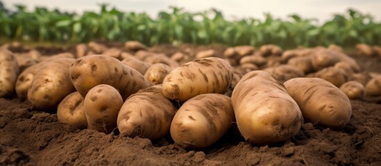 Wall Mural - Organic potatoes lie on the field after being dug up.