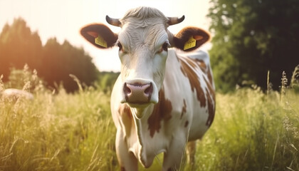 Canvas Print - Cows grazing on green meadow, farm scene in nature generated by AI