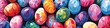 Easter painted eggs pattern. Flat lay. Concept with Easter eggs in oil painting style. Festive Happy Easter banner